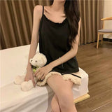 elvesmall Tassel Sleepwear Women Pajama Sets Korean Piiama Summer Set 2 Pieces Solid Night Wear Sleeping Spaghetti Strap Home Suit