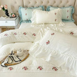 elvesmall  French Romantic Lace Bubble Gauze Bedding Set Queen Elegant Princess Style Embroidered Duvet Cover Set Ruffled Quilt Cover Sets