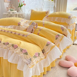 elvesmall Princess Style Korean Bed Skirt Bed Sheet Embroidered Ruffle Lace Quilt Cover Ins Bedding For Girls Luxury Home Textiles
