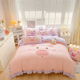 elvesmall Korean Princess Fengshui Washed Cotton Pure Four-piece Lace Quilt Cover Cartoon Bed Three-piece Set