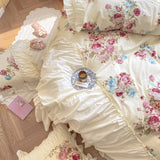 elvesmall Korean Style Bedding Sets Luxury 100% Cotton Floral Print Princess Lace Ruffle Duvet Cover Bed Skirt Bedspread Pillowcases