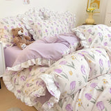 elvesmall Fresh Floral Duvet Cover Set No Filler Lace Ruffles Bedding Washed Cotton Bed Linens Flat Sheet Pillowcase for Girls 200x230cm