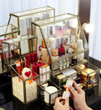 elvesmall Hersoo Glass Antique Brass Stackable Drawer Set Makeup Organizer for Vanity Antique Countertop Vanity Cosmetic Storage Box