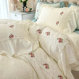 elvesmall  French Romantic Lace Bubble Gauze Bedding Set Queen Elegant Princess Style Embroidered Duvet Cover Set Ruffled Quilt Cover Sets