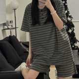 elvesmall Striped Women Pajamas Sets for Home Summer Button Sleepwear Shorts Sleeve Bow 2 Pieces Night Wears Korean Casual Home Suit