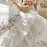 elvesmall 100% Cotton Princess White Bedding Sets Korean Ruffle Bedspread Flower Embroidery Duvet Cover Bed Skirt Pillowcases Home Textile