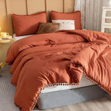 elvesmall  Pink Full Ball Pom Fringe Design Comforter Set 3pcs, Boho Aesthetic Luxurious Full Bedding Set, Vintage Ultra Soft Microfiber
