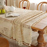 elvesmall  Japanese Cotton Hook Flower Tassel Tablecloth End Table Decoration Rectangular Table Set TV Cover Kitchen Wedding Restaurant