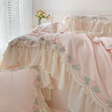 elvesmall  Princess Bedding Sets Egyptian Cotton Pink Lace Flowers Embroidery Duvet Cover Bed Sheet Pillowcases Home Textile