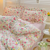 elvesmall Pastoral Style Floral Bedding Set For Girls Double Size Flat Sheet Duvet Cover and Pillowcase Soft Bed Linen Home Textiles