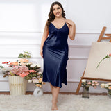 elvesmall  Large size Women Sleepwear Summer Homewear Solid Satin Seemless Midi Nightdress Plus Size Spaghetti Strap Nightgown 60-75kg