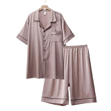 elvesmall  Summer Men's Pajamas Suit Short Sleeve Ice Silk Sleepwear Set Thin Loose Satin Solid Two Piece Home Night Clothing Male Teen