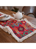 elvesmall  Vintage Tassel Table Runner Home Decoration for TV Cabinet Dresser National Style Jacquard Red Ethnic Style Table Path Mexico