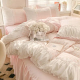 elvesmall Ins Princess Style Korean Lace Bed Four-piece Set Bed Skirt Dormitory Bed Sheet Quilt Cover Bedding Set Three-piece