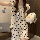 elvesmall  Heart Print Women Pajamas Sets for Home Summer Sleepwear Shorts Sleeve 2 Pieces Night Wears Korean Square Collar Home Suit