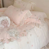 elvesmall  French Romantic Bedding Set Luxury Flower Embroidery Princess Pink Ruffle Milk Velvet Quilt Duvet Cover Bed Sheet Set Bedclothes
