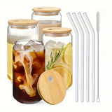 elvesmall  -  1/2/4pcs Drinking Glasses With Bamboo Lids And Glass Straw Set 16oz Can Shaped Glass Cups Beer Iced Coffee Glasses Tumbler Cup