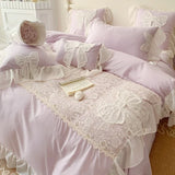 elvesmall Korean Princess Wind Bedding Set Lace Bow Solid Color Beautiful Edge Lace Pleated Bedding Cover Luxury Girl Wedding Home Bed