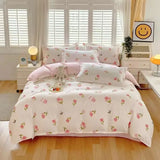 elvesmall Cute Pink Strawberry Duvet Cover Flat Sheet Pillowcase Floral Bedding Set Girls Bed Linen Soft Thick Washed Cotton Bedclothes