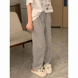 elvesmall Plaid Pajamas Pants for Women Sleep Korean Style Sleepwear Summer Ankle Length Bottoms Home Room Elastic Waist Sleeping Wear New