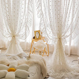 elvesmall  White Pompom Sheer Curtains Girls Room Romantic Elegant Vintage Lace Tulle Light Filtering Window Drapes Curtains for Bedroom