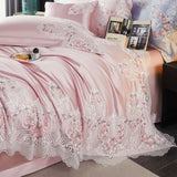 elvesmall  High end Hotel Wedding Bedding Set Bed Linen Duvet Cover Set With Embroidery 600 Thread Long Staple Cotton Pink Princess 3/4 PCS