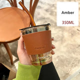 elvesmall  -  350/450ml Coffee Straw Cup With Lid Heat-Resistant Water Bottle Beer Drinkware Coffee Mug With Straw Deer Printed Leather Glass