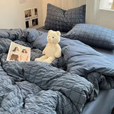 elvesmall Bedding Set, Checkered Bubble Wash Cotton Quilt Set, Four Pieces, Ins Korean High Quality Bedding Sheet Set, Dormitory 3 Pcs