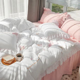 elvesmall  Princess Style Cotton Embroidery Bedding Set, Duvet Cover Sets with Bed Skirt, Fitted Sheet, Ruffles Decoration for Bedroom, 4Pc