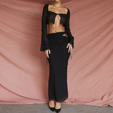 srczz New Female Blouse Gradient Color Long-sleeved Sexy Blouse Hanging Neck Halter Contrast Color long Skirt Two-piece Suit Elegant