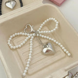 elvesmall White Bowknot Heart Keychain Women Sweet Charm Pearl Bow Backpack Key Ring Handmade Jewelry Ornament Bags Pendants Gif