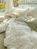 elvesmall Princess Bedding Set  French Style Wash Cotton Solid Color Seersucker Summer Soft  New Bed Sheet Set Comforter Set