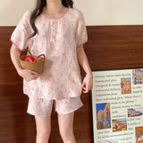 elvesmall Flroal Sleepwear Women Pajama Sets Summer Piiama Korean Sets for Women 2 Pieces Home Suit Pink Cute Night Wears Button Pyjamas
