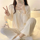 elvesmall Ruffles Sleepwear Women Pajama Sets Lace-up Long Pants Sets 2 Pieces Piiama Solid Korean Style Full Sleeve Autumn Night Wears