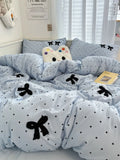 elvesmall Ins Style Girl Blue 1.5m/1.8m Fitted Sheet Bow Towel Bedding Set Embroidery Washed Cotton Four-piece Set Bed Sheet Three-piece