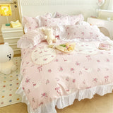 elvesmall French Princess Lace Ruffles Romantic Bedding Set Luxury Flowers Girls Duvet Cover Skirt Sheet and PillowcasesQueen King Size