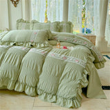 elvesmall Korean Style Bed Set Seersucker Flower Embroidery Four Piece Set With Lace Bed Flat Sheet Pillowcase Duvet Cover Set Textiles