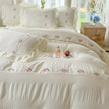 elvesmall Korean Style Bed Set Seersucker Flower Embroidery Four Piece Set With Lace Bed Flat Sheet Pillowcase Duvet Cover Set Textiles