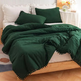 elvesmall  Pink Full Ball Pom Fringe Design Comforter Set 3pcs, Boho Aesthetic Luxurious Full Bedding Set, Vintage Ultra Soft Microfiber