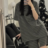elvesmall Striped Women Pajamas Sets for Home Summer Button Sleepwear Shorts Sleeve Bow 2 Pieces Night Wears Korean Casual Home Suit