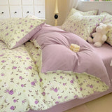 elvesmall Botanical Floral Duvet Cover Single/Queen, Washed Cotton Garden Flower Pattern Comforter Cover 3Pcs Reversible Pink Bedding Set