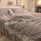 elvesmall Pink Ruffled Seersucker Duvet Cover Set 3/4pcs Soft Lightweight Down Alternative Grey Bedding  with Bed Skirt and Pillowcases