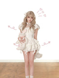 srczz  -  Japanese Sweet Lolita Skirt Suits Women Causal Sweet French Tops + Elegant Cute Mini Cake Skirts Summer 2024 2 Piece Skirt Set