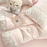 elvesmall Korean Style Princess Bedding Set Luxury Pink Lattice Duvet Cover Ruffles Lace Bedspread Bed Sheet Pillowcases