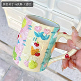 elvesmall  -  Korean Ins Niche Design Ceramic Water Cup Cartoon Cute Hand-painted Patch Plaid Mug Heat-resistant Home Milk Cup with Handle