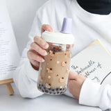 elvesmall  -  Kawaii Cat Bubble Tea Glass Water Bottle With Straw PU Sleeve Cute Boba Coffee Milk Cups Portable Girl Drinking Bottle BPA Free