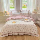 elvesmall French Country Style Princess Bedding Set, 100% Cotton, Floral Ruffled Edge, Duvet Cover, Flat, Fitted Bed Sheet, Pillowcases