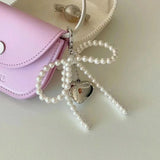 elvesmall White Bowknot Heart Keychain Women Sweet Charm Pearl Bow Backpack Key Ring Handmade Jewelry Ornament Bags Pendants Gif