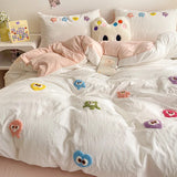 elvesmall 3pcs Kawaii Little Solid Color Monster Bedding Set Korean Washed Cotton Pillowcase Twin Full Duvet Cover No Filling Home Decora