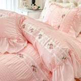 elvesmall  French Romantic Lace Bubble Gauze Bedding Set Queen Elegant Princess Style Embroidered Duvet Cover Set Ruffled Quilt Cover Sets